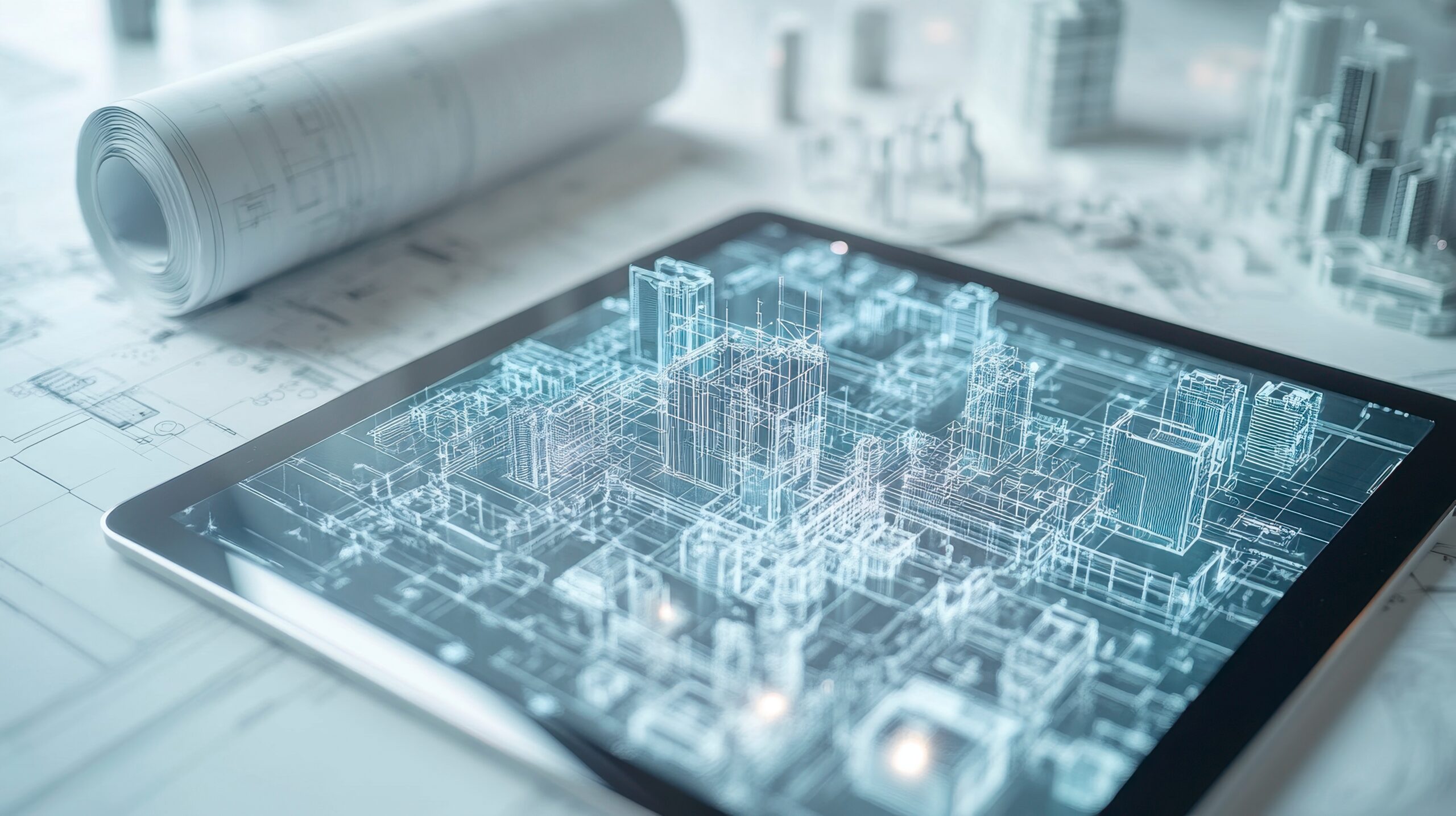 タブレット端末上に表示された建物の3Dワイヤーフレームモデル。平面図（2D）から立体的な建物形状をシミュレーションし、土地の収益性を精緻に分析する様子。