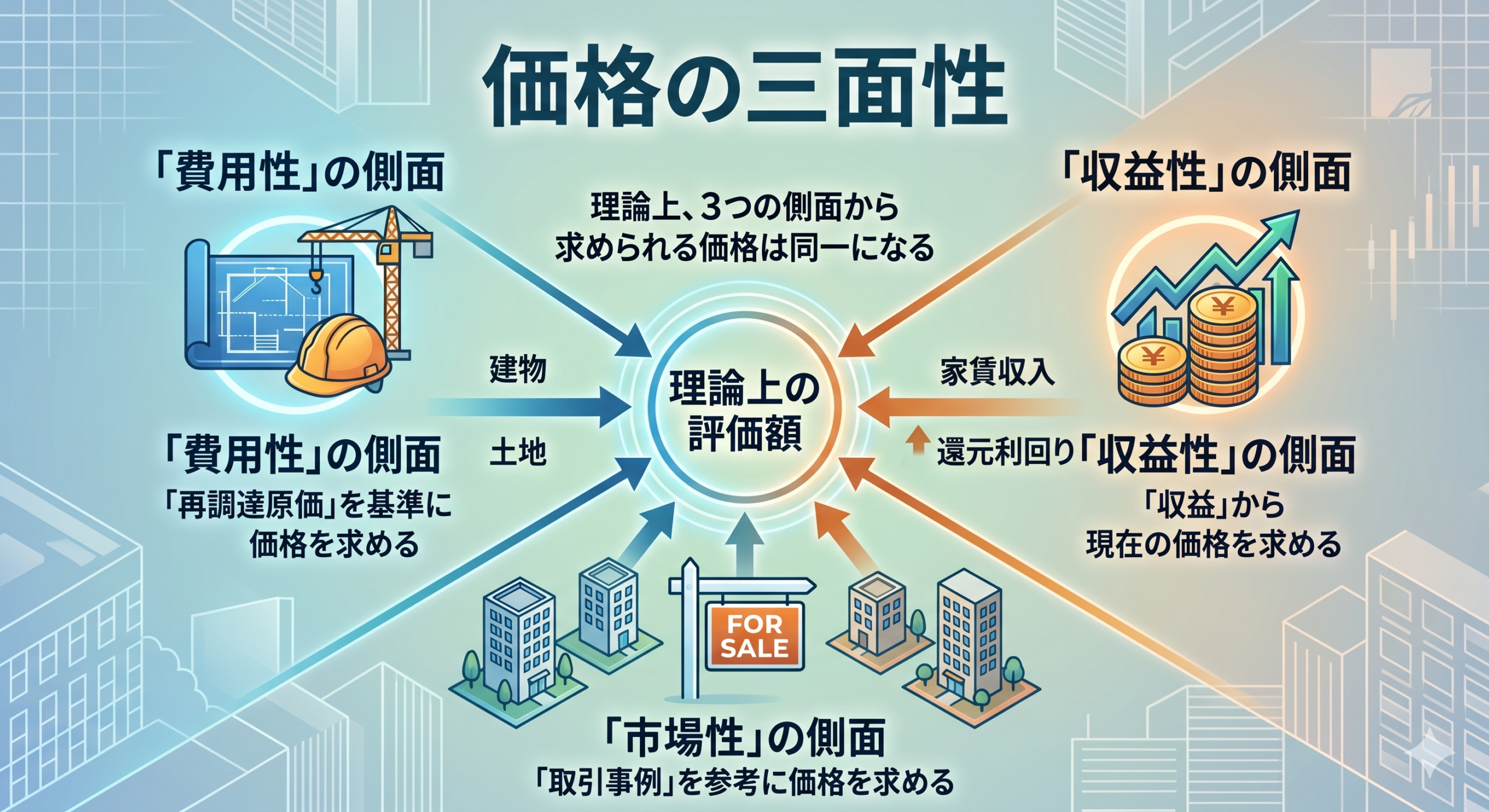 価格の三面性を解説する図。1. 費用性の側面（供給者側の論理：再調達原価に着目）、2. 市場性の側面（市場全体の論理：取引事例に着目）、3. 収益性の側面（需要者側の論理：将来収益に着目）の3要素が示されており、これら三面からアプローチすることで、均衡した適正な価格が求められることを表している。