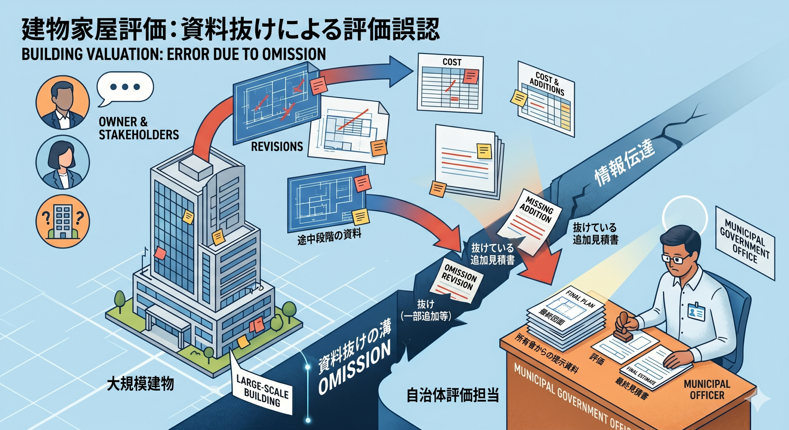 建物家屋評価：資料抜けによる評価誤認」を説明する図。左側の「大規模建物」の所有者から右側の「自治体評価担当」へ情報が伝達される過程で、資料の「抜け」という大きな溝（亀裂）が発生している様子を描いています。改訂前の古い図面や途中段階の資料、抜けている追加見積書などが溝に落ちてしまい、最終的に自治体側には不完全な資料（最終図面や最終見積書の一部のみ）しか届かず、正しく評価が行われないリスクを表現しています。