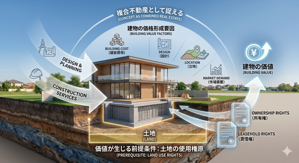 建物の価値形成要因と土地の関係性を示すインフォグラフィック。地面の断面図の上に現代的な家屋が建ち、基礎(土地)の重要性が視覚化されている。『複合不動産として捉える』『建物の価格形成要因(建築費用、設計、立地、市場需要)』『土地の使用権原(所有権、賃借権)』といった日本語と英語のテキスト、およびアイコン、矢印、円グラフが、それらの要素が複雑に絡み合い『建物の価値』を形成する仕組みを説明している。背景は晴れた郊外の住宅地。